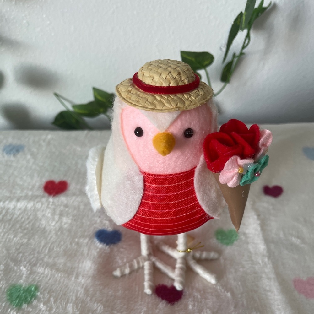 Fabric Valentine's Day Bird Figurine Holding Flowers.